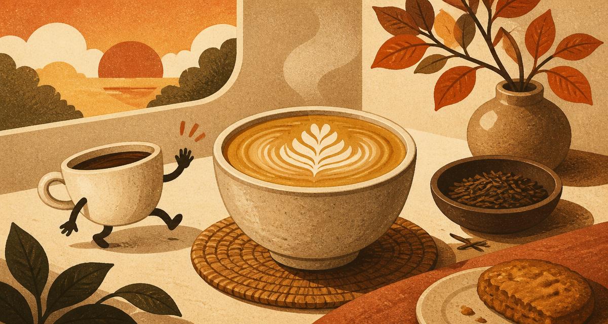 Retro ilustracija: jutranja miza z veliko skodelo hojicha latte; manjša kavna skodelica se umika v ozadje.