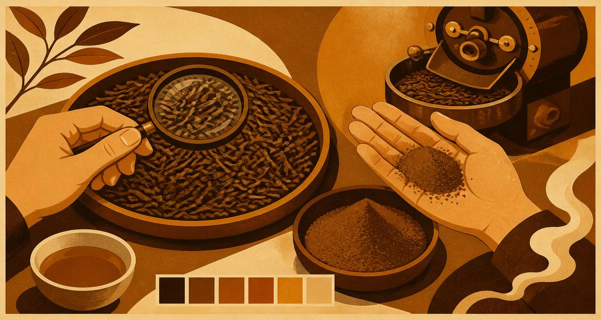 Retro ilustracija: roke pregledujejo pražene hojicha liste in prah, ob strani je povečevalno steklo in barvne palete.