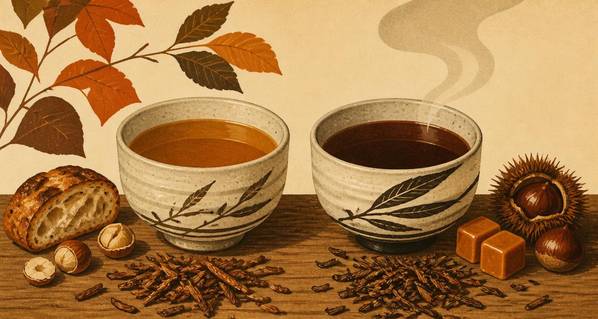 Retro ilustracija: dve skodeli hojiche ena ob drugi — svetlejša jantarna medium roast in temnejša dark roast, ob njiju praženi listi, kostanj in karamela.