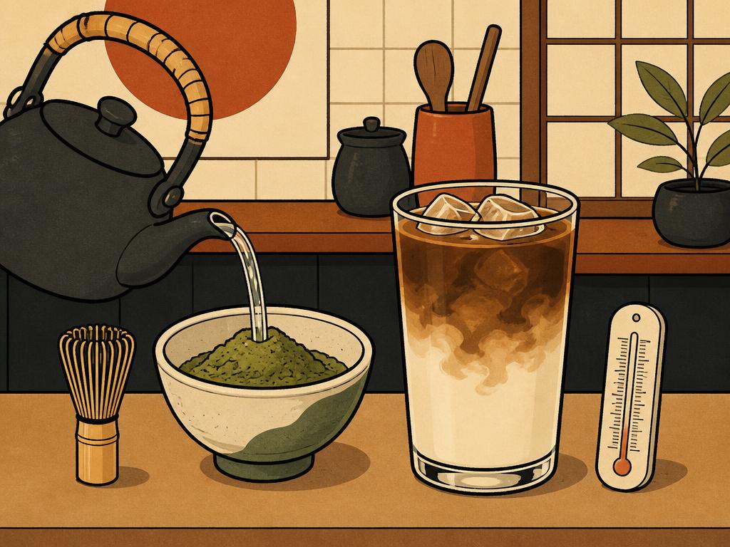 Retro ilustracija: kjuhinjska scena z grelnikom vode, skledo grudastega hojicha praška, kozarcem latte s plastmi in termometrom.