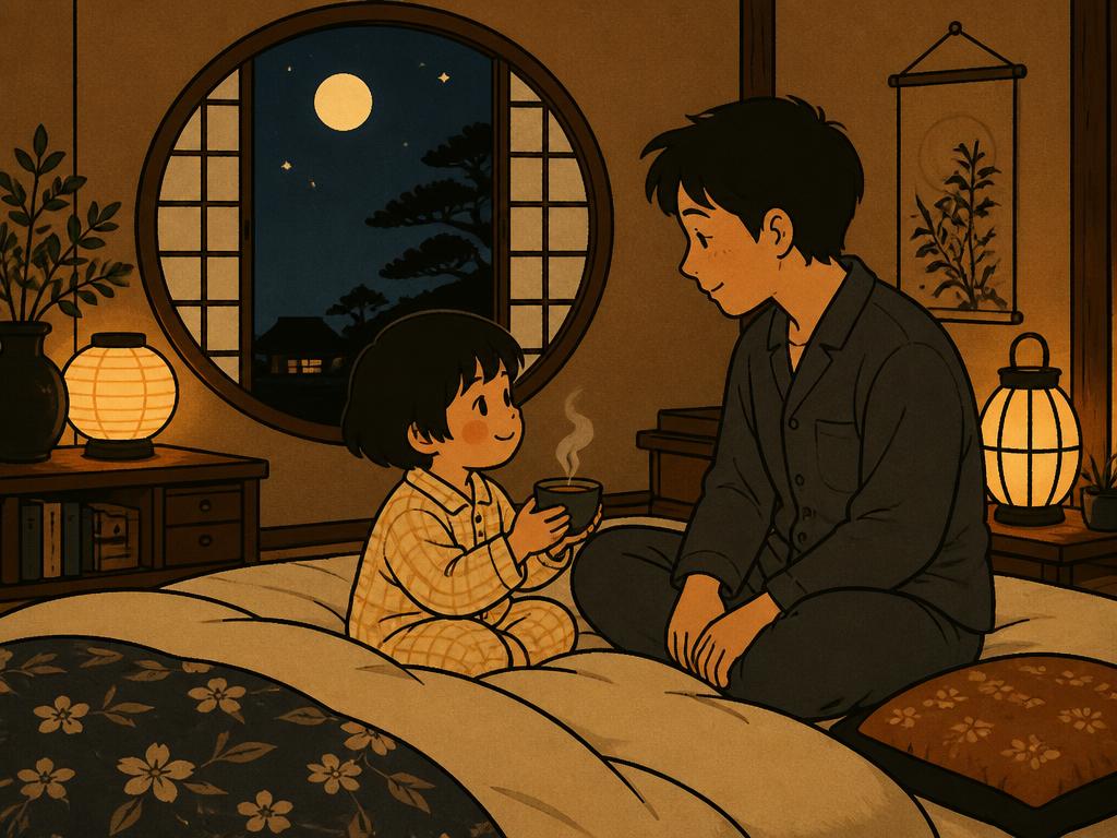 Retro ilustracija: otrok v pižami drži skodelo hojiche ob oknu z nočnim nebom in luno, ob njem sedi odrasla oseba.